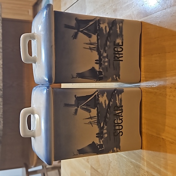 Two Delft Like Canisters Rice and Sugar - Picture 1 of 6